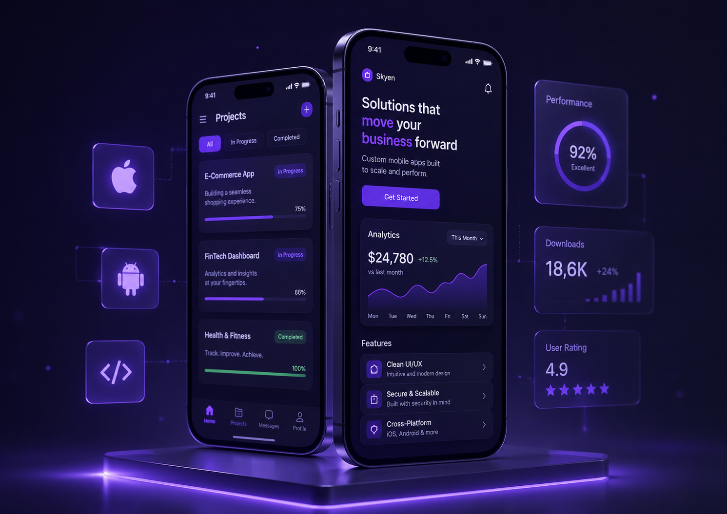 Skyen mobile apps on iOS and Android with analytics and launch-ready interfaces