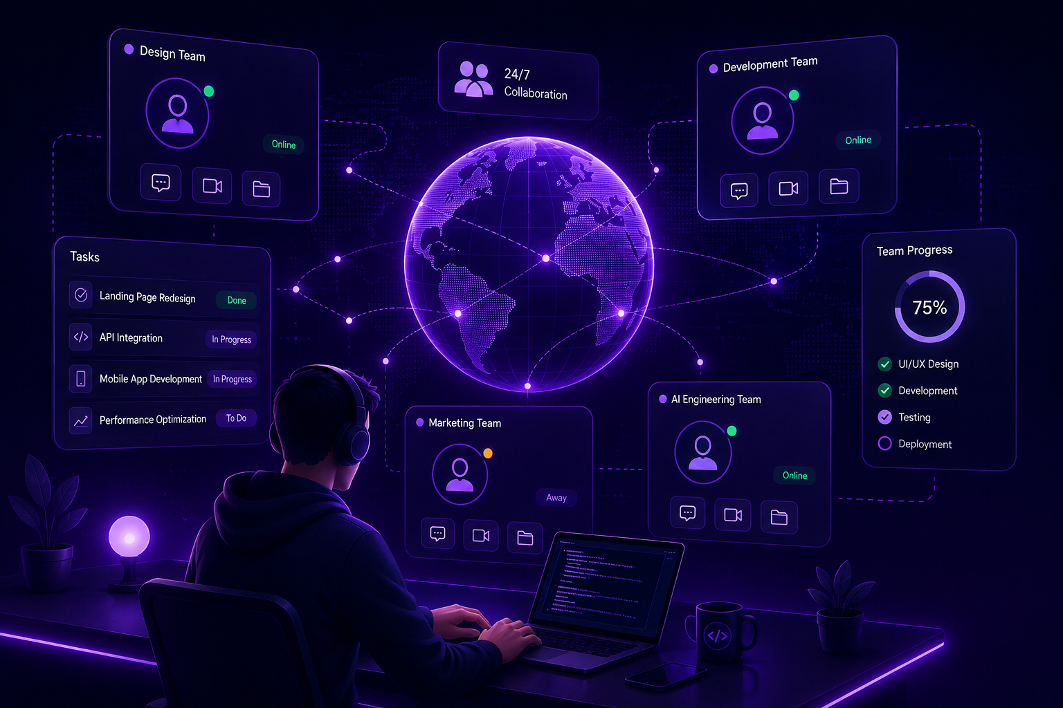 Dedicated Skyen team collaborating across a global digital workspace